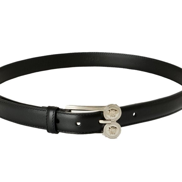 Versace Black 100% Leather Silver Medusa Heads Logo Decorated Belt US 36 IT 90 - Picture 2 of 6